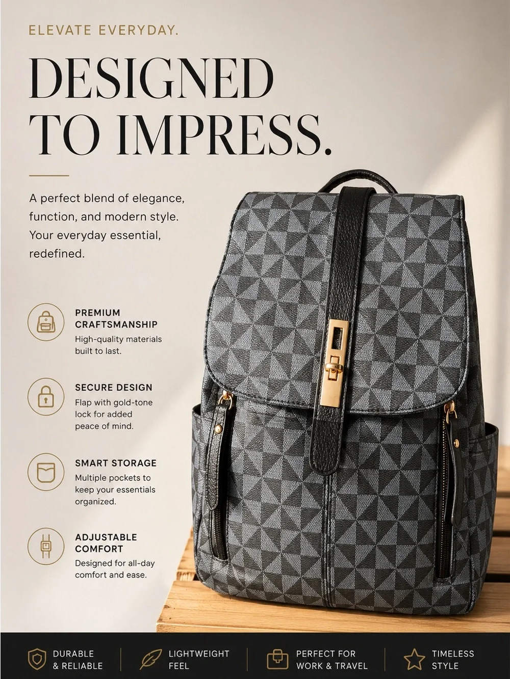 Cream Geometric Canvas Backpack with Gold Hardware